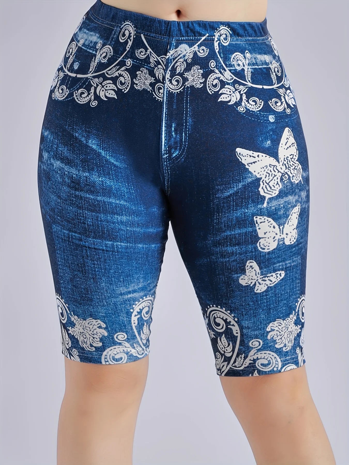 Lmitation Denim Leggings For Women Butterfly Waist Fruit Flower Elastic Shorts High Waist Casual