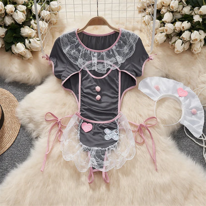 Women Lace Patchwork Velour Strappy Catsuits Fashion One Piece Combination Rompers Erotic Fashion Sexy Bunny Bodysuits Cosplay