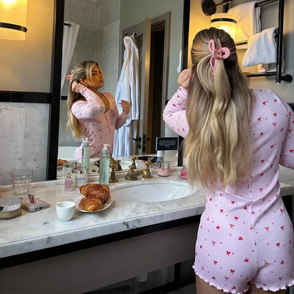 Bow Printed Playsuits For Women Fashion Sexy Cute Long Sleeves O-Neck Sheath Buttons Sleepwear Rompers Female Slim Fit Casual