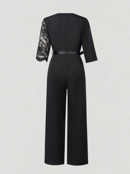 Women V Neck Lace Patchwork 3/4 Sleeve Jumpsuit With Belt High Waist Wide Leg Formal Evening Party Long Romper