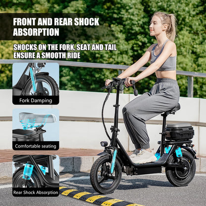 ASKGO Adult Electric Scooter with Detachable Seat, 14" Tires, 1000W Peak Power, Max 25MPH, 35 Miles Range, 48V 15Ah Battery, Full Suspension, Waterproof Rear Storage Box for Urban Travel