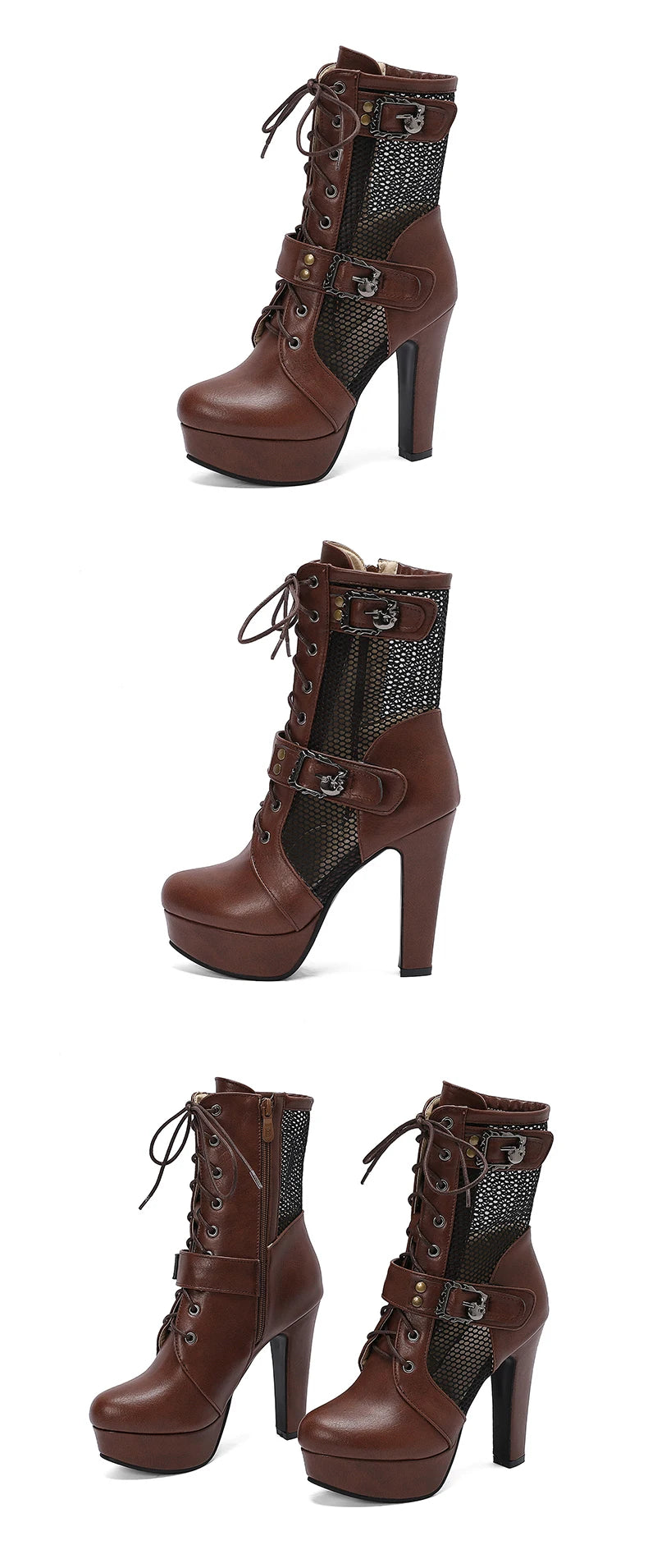 Plus Size Hollowed Out Mesh Patchwork PU Cross Tie Side Zipper Summer Cool Mid-Calf Boots Platform Ultra-High Thick Heel Boots