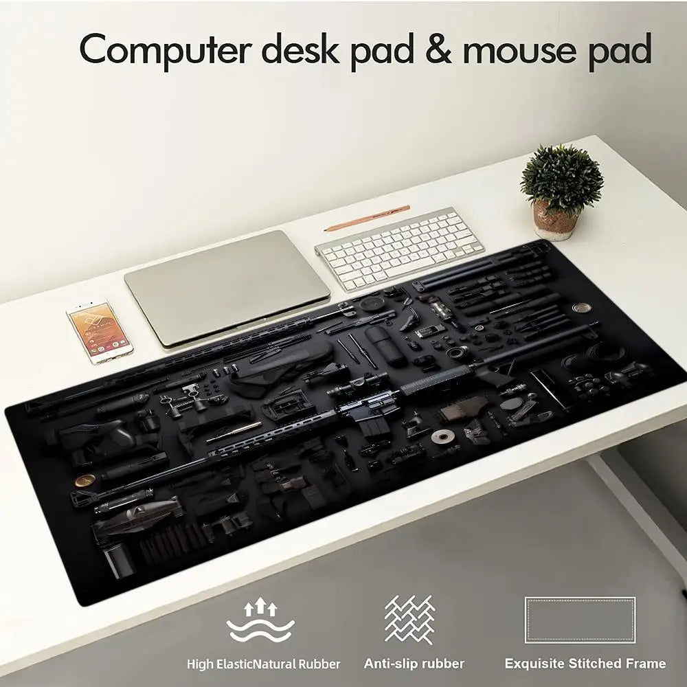 Military Weapons Theme Mouse Pad Large Computer Office Game Table Mat Rubber Anti-slip Stitched Keyboard Mat 90x40 XXL Desk Pads