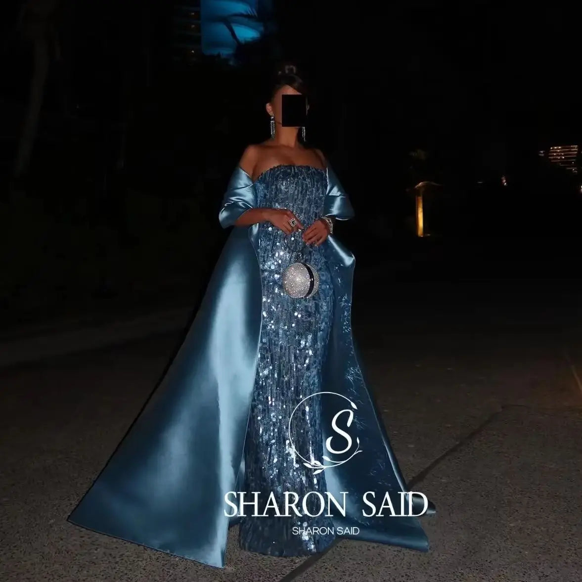 Sharon Said Sequin Women' s Luxury Formal Evening Dresses Strapless Wedding Birthday Prom Gown with Satin Train SF165 Customized