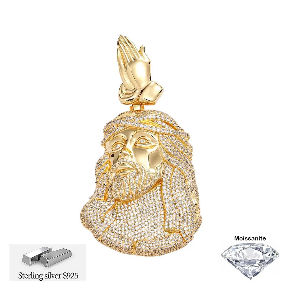 HHIOK Iced Out Jesus Head Pendant S925 Silver Moissanite Praying Hands Pendant Hip Hop Religious Jewelry For Men