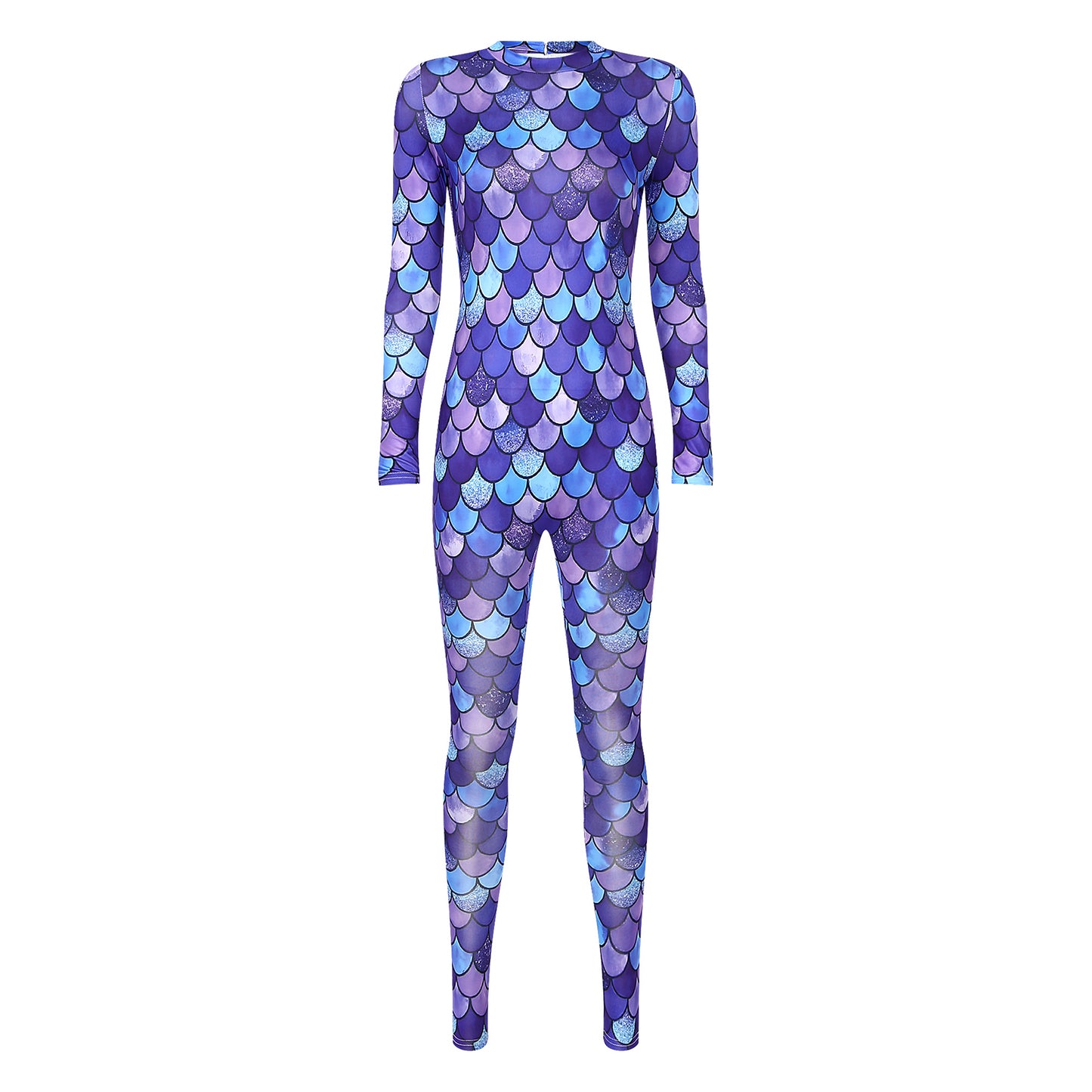 Womens Rash Guard One Piece Swimsuit Mermaid Fish Scale Print Long Sleeve Back Zipper Full Body Tops Sexy Swimwear Jumpsuit