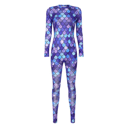 Womens Rash Guard One Piece Swimsuit Mermaid Fish Scale Print Long Sleeve Back Zipper Full Body Tops Sexy Swimwear Jumpsuit