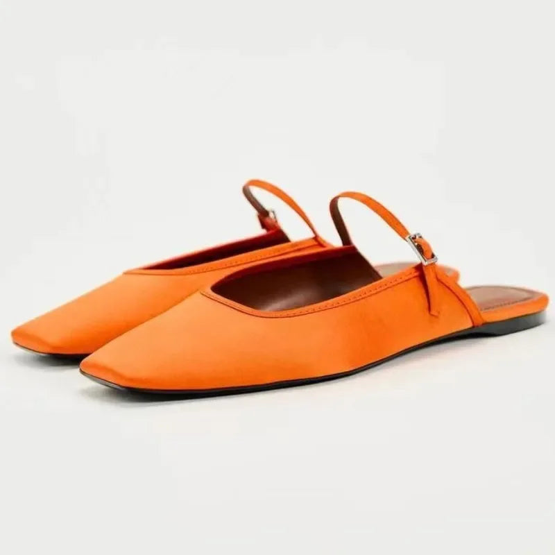 2025 Summer Mules Shoes for Women Luxury Slik Fashion Solid Square Toe Casual Lady Flat Sandals New Design Slingback Footwear