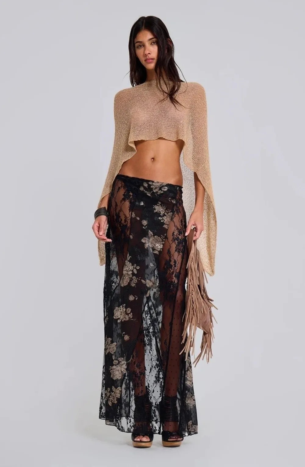 Casual Drop Shoulder Crochet Poncho Sweater Sheer Multi-wear Halter Shawl Irregular Knitted Cover-ups Vacation Outfits