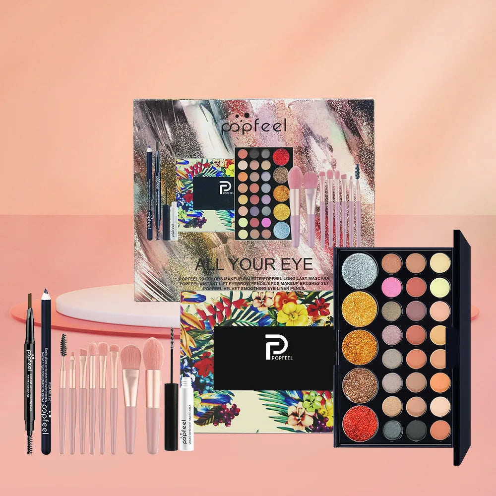 Essential Eye Makeup Set for Beginners Matte&Shimmer Eyeshadow Palette, Mascara, Eyebrow Pencil, Lip Eyeliner,Brush Tool Set Box