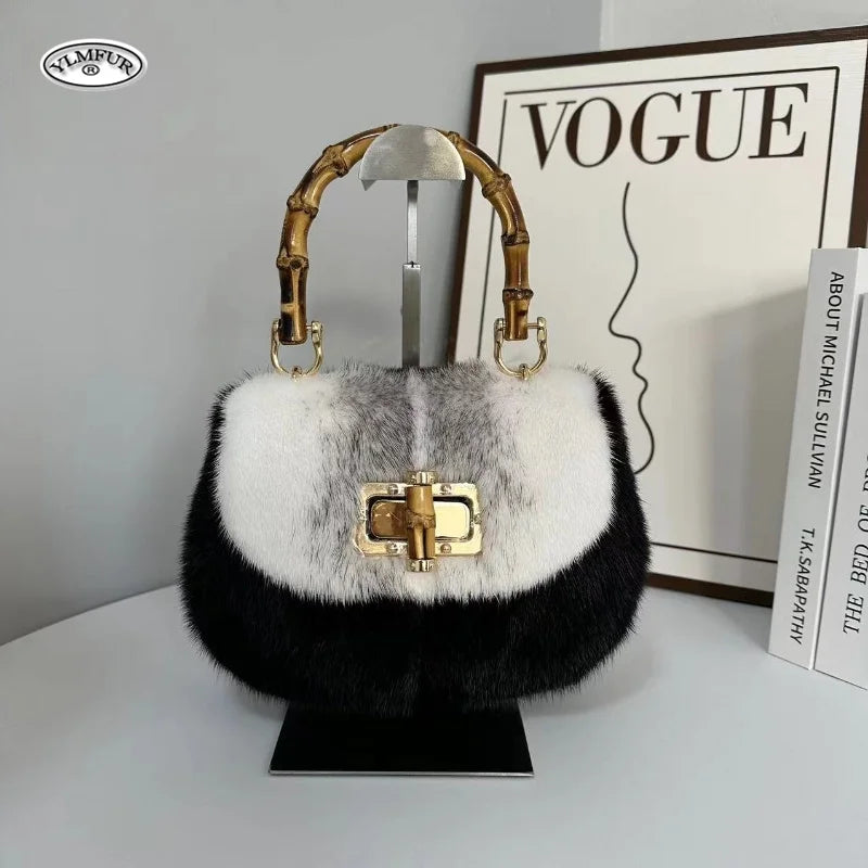 Fur Women's Mink Fur Bag Luxury Warm Plush Wrist Bags  Women Fashion Furry Short Handle Clutch Cute Ladies Fur Bags For Women