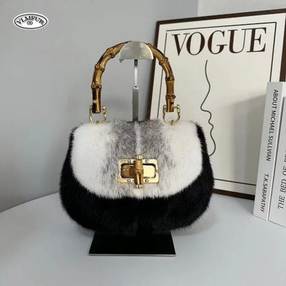 Fur Women's Mink Fur Bag Luxury Warm Plush Wrist Bags  Women Fashion Furry Short Handle Clutch Cute Ladies Fur Bags For Women