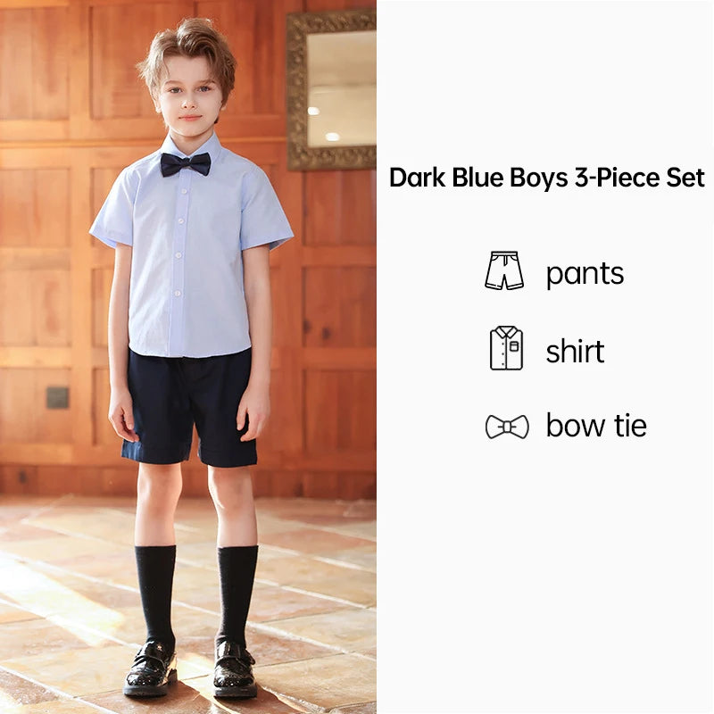 Girl Summer Evening Dresses Kindergarten School Uniform Boys Shirt Shorts Bowtie Wedding Suit Children Performance Costume