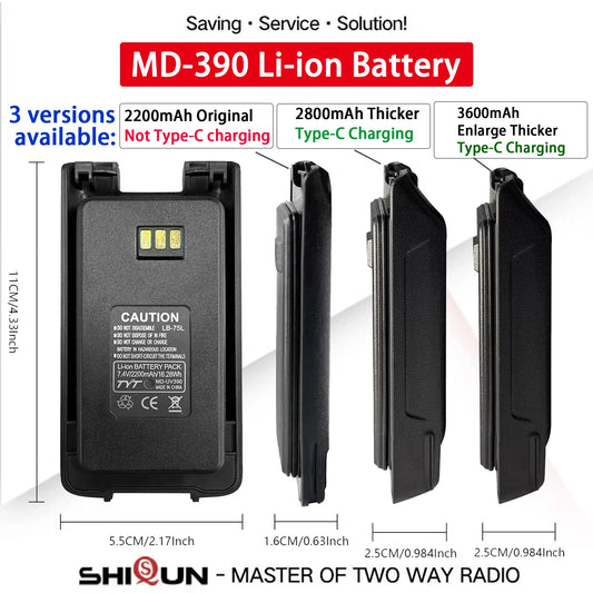 MD-390 Original Battery Enlarge Thicker Battery USB-C Charge 3600mAh Compatible With MD-UV390 MD-390Plus TH-UV8200 Walkie Talkie