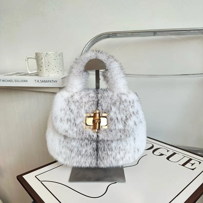 Fur Women's Mink Fur Bag Luxury Warm Plush Wrist Bags  Women Fashion Furry Short Handle Clutch Cute Ladies Fur Bags For Women