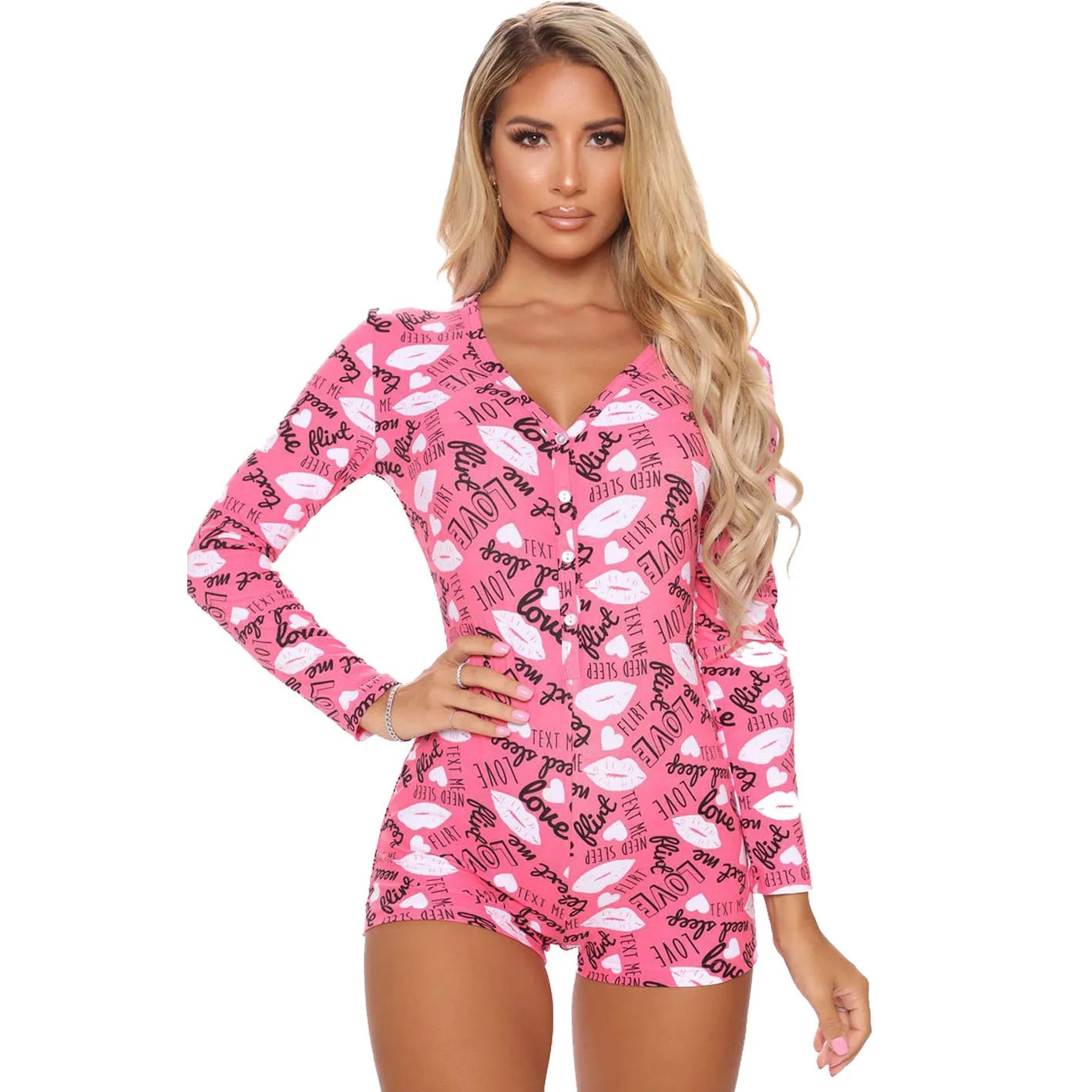 Women's Pajama High Waist Playsuit Christmas Pattern Printing Romper Long Sleeve V Neck Short Pants Home Wear Clothes