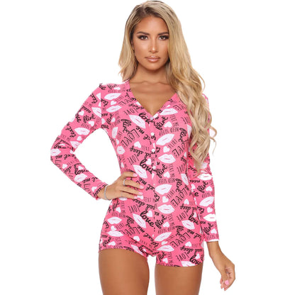 Women's Pajama High Waist Playsuit Christmas Pattern Printing Romper Long Sleeve V Neck Short Pants Home Wear Clothes