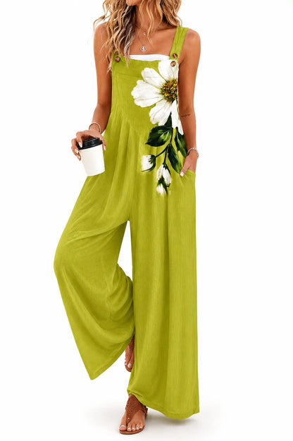 Summer Woman Jumpsuit Floral Print Romper Wide Leg Pants Overalls Black Backless Strap Jumpsuits Women's Casual Loose Fit