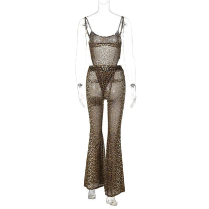 Shestyle Leopard Mesh Sexy Women Two Piece Sets Spaghetti Strap Bodysuit Flare Pants Sheer Brown Sexy Clubwear Waistless Outfit