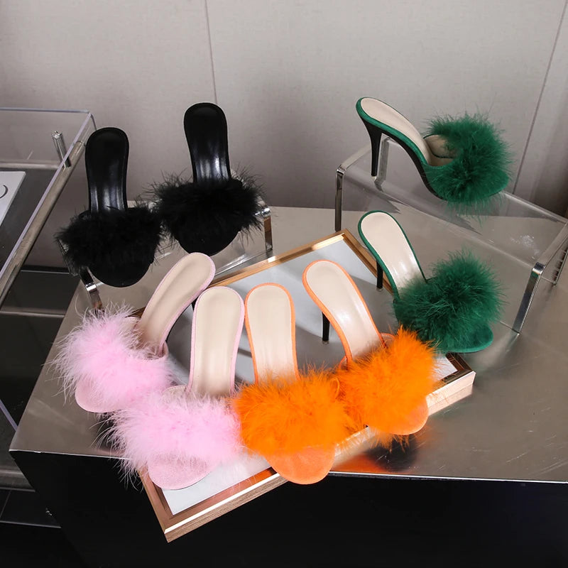 10CM Thin High Heel Summer Furry Slippers For Ladies Mules Fashion Fluffy Fur Slides Sandals 2025 New Brand Women's Party Shoes