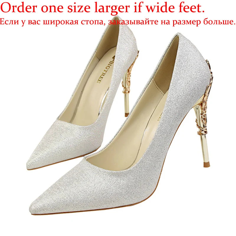 Women Luxury Metallic Decoration Heel Wedding Shoes Lady Trendy 10cm High Heels Pointed Toe Shoes Female Premium Gray Shoes