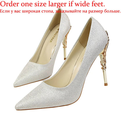Women Luxury Metallic Decoration Heel Wedding Shoes Lady Trendy 10cm High Heels Pointed Toe Shoes Female Premium Gray Shoes