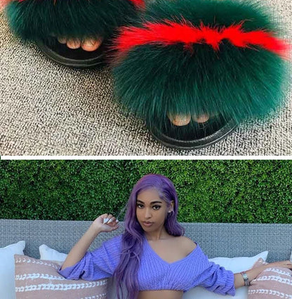 Natural Fox Fur Slippers, Fashionable Outdoor Multi-Color Animal Hair Slippers, Women's Gifts, Soft EVA Sole Slippers, On Trend