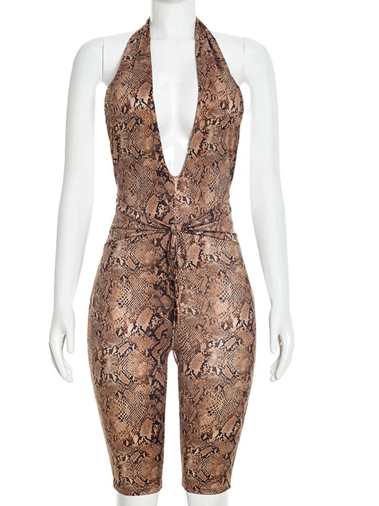 Beyprern Sexy Animal Print Halter Bandage Short Jumpsuit Women Backless Bodycon Rompers Streetwear One Pieces Playsuit