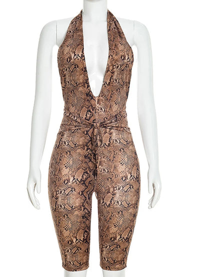 Beyprern Sexy Animal Print Halter Bandage Short Jumpsuit Women Backless Bodycon Rompers Streetwear One Pieces Playsuit