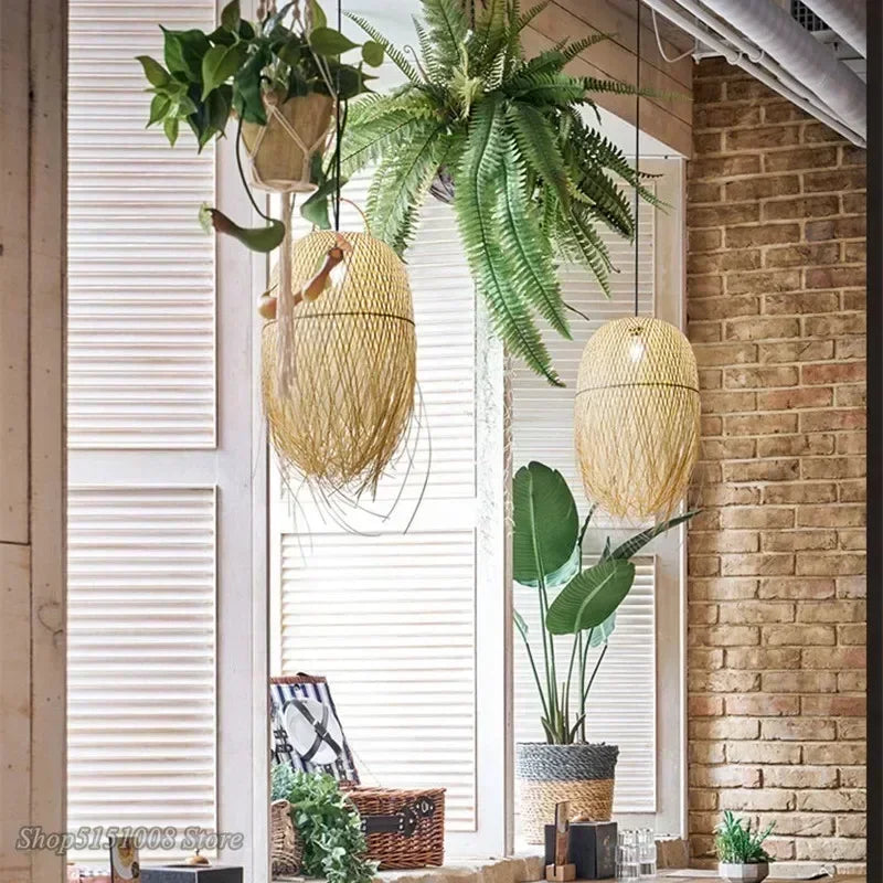 Chinese Bamboo  Hanging Chandelier Creative Lamps for Home Dining Table Room Pendant Led Lights Fixture Loft Style Decoration