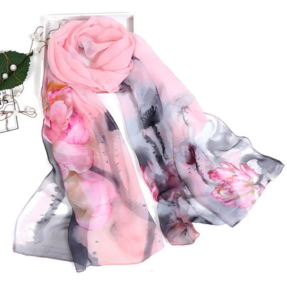 Ink Painting Lotus Summer Beach Sun Protection Chiffon Georgette Scarf Women Foulard Shawl Bandana Elegant Thin Breathable
