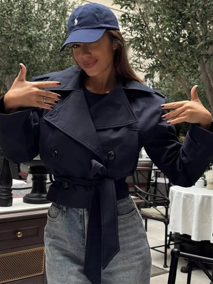 SLTNX 2026 New Women's British Wind Trench Coat Style Double-breasted Long Sleeve Belt Lapel Jacket Short Coat