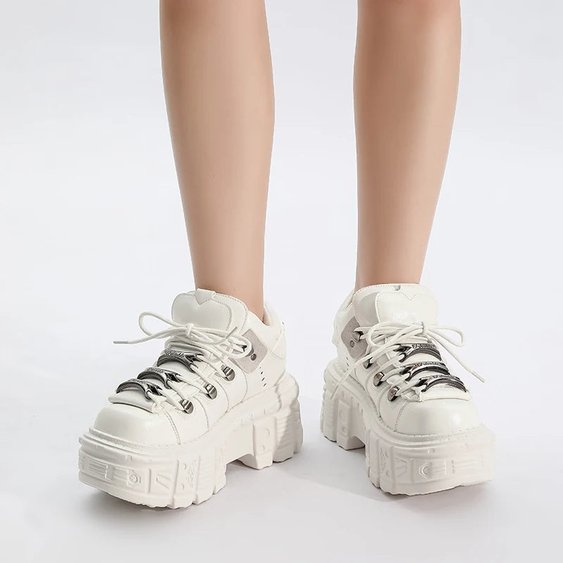 Gothic Ankle Rock Boots Women Shoes White Leather Platform New Punk Style Lace-up Heel Height Shoes Metal Decor Woman Sneakers