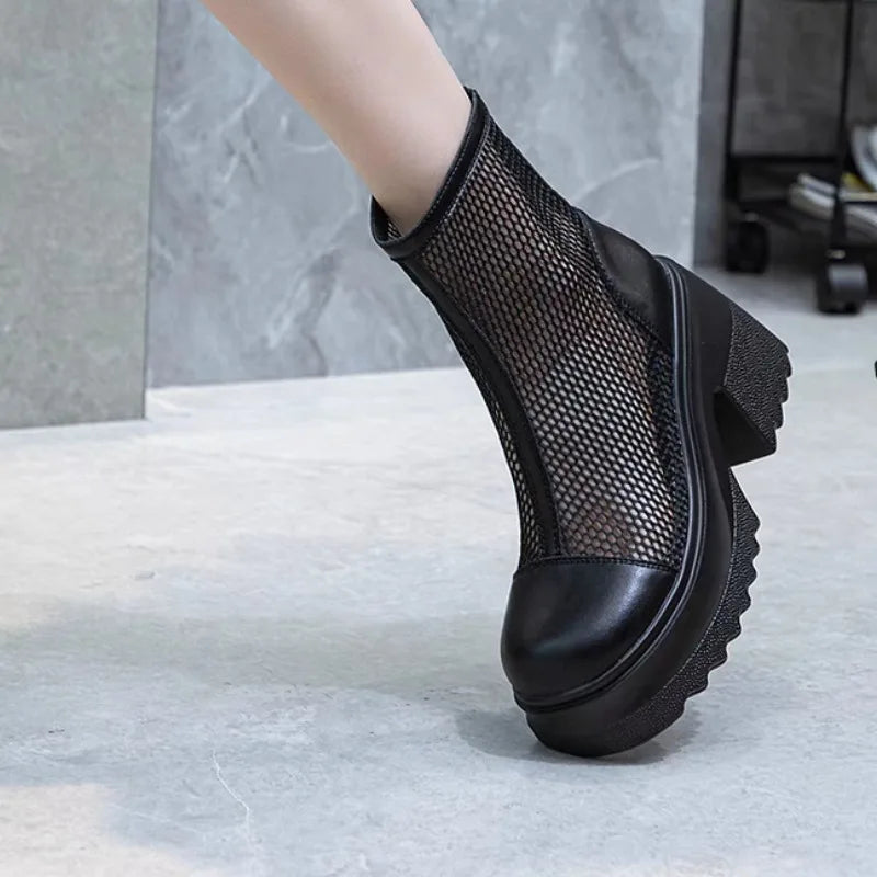 Square Heel Single Boots Summer New Round Head Splicing Mesh Back Zipper Waterproof Platform Non-slip Short Boots