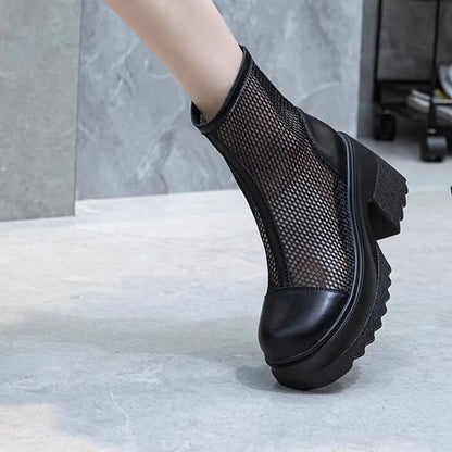Square Heel Single Boots Summer New Round Head Splicing Mesh Back Zipper Waterproof Platform Non-slip Short Boots