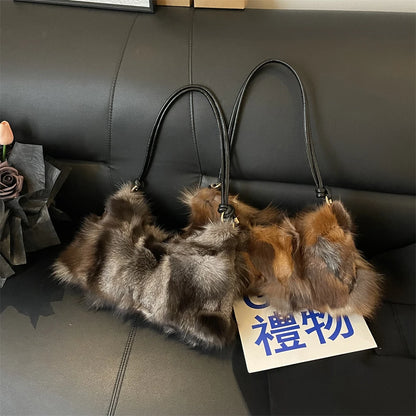 Winter Warm Fox Fur Shoulder Hobo Bags For Women Latest Luxury Designer Purses And Handbags Elegant Evening Bag For Dinner Party