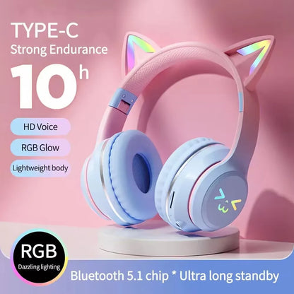 GRB Glow Gaming Headset Gamer Stereo Bass Cat Ear Wireless Earpods Bluetooth Earphones TYPE-C Cable Headphones Blutooth Handfree