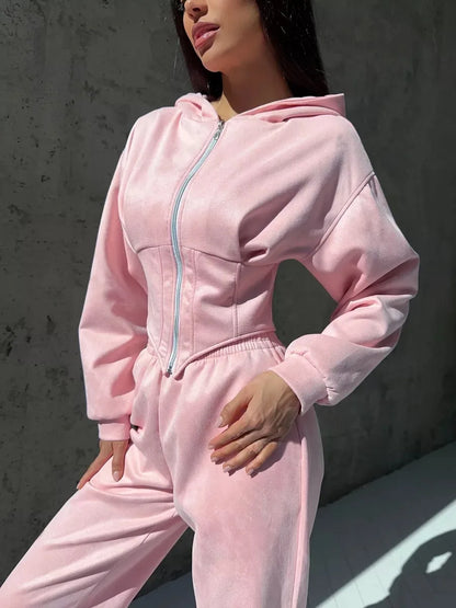 European and American Style Hooded Waist-Cinching Women's Set 2025 New Ins Trendy Brand Slimming Sporty Casual Women's Clothing