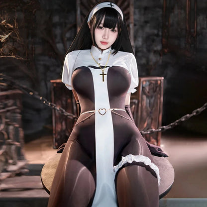 Sexy Nun Uniform Cosplay Halloween Costume Lingerie Open Crotch Jumpsuit Black See Though Tight Bodysuit Women Bodystocking