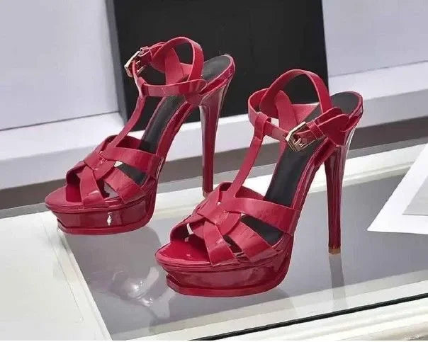 Platform Shiny Leather Cage Sandals Women Open Toe Ankle Strap High Heels Sandals Lady Stone Pattern Sexy Elegant Luxury Shoes