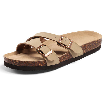 CRACOMIN Cork Insole Women's Slippers Summer Non-slip Slides Flats Slip On Slides Casual Indoor Female Sandals With Arch Support
