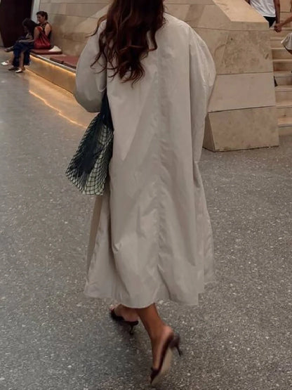Convertible Collar Oversized Maxi Trench Coat Women Snap Buttons Dolman Sleeve Patch Pockets Outerwear New Ladies Trench Jacket
