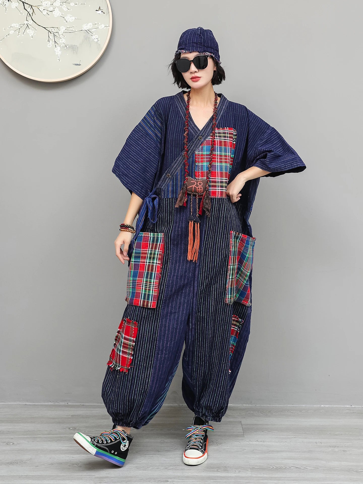 Women Plaid Jumpsuit Loose Wide Legs Short Sleeves Diagonal Buttons Straps Jumpsuit LX6229
