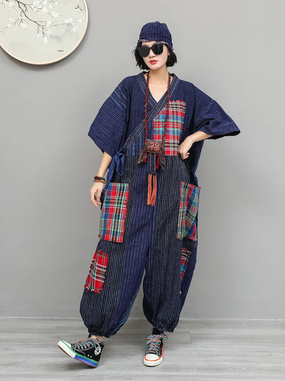 Women Plaid Jumpsuit Loose Wide Legs Short Sleeves Diagonal Buttons Straps Jumpsuit LX6229