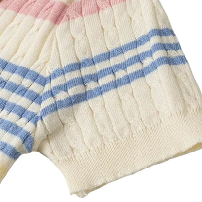 Pastel Stripe Cable Knit Two Piece Set Women's Polo Collar Button Front Crop Top & Mini Skirt Stretchy Bodycon Casual Outfit