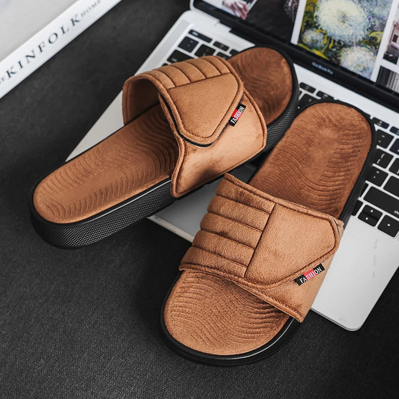 Fashion Men's Slippers Suede Cloth Non-Slip Casual Sandals Platform Soft Home Shoes Indoor Slides Outdoor Beach Shoes Flip-flop