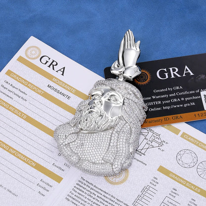 HHIOK Iced Out Jesus Head Pendant S925 Silver Moissanite Praying Hands Pendant Hip Hop Religious Jewelry For Men