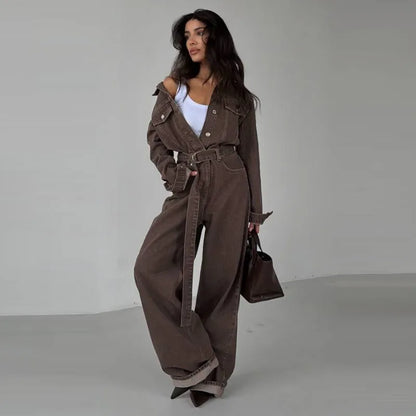 Chic Denim Women's Jumpsuit Turn-Down Collar Lace Up Full Sleeve Lady Long Jumpsuits 2026 Spring Casual Female Streetwear