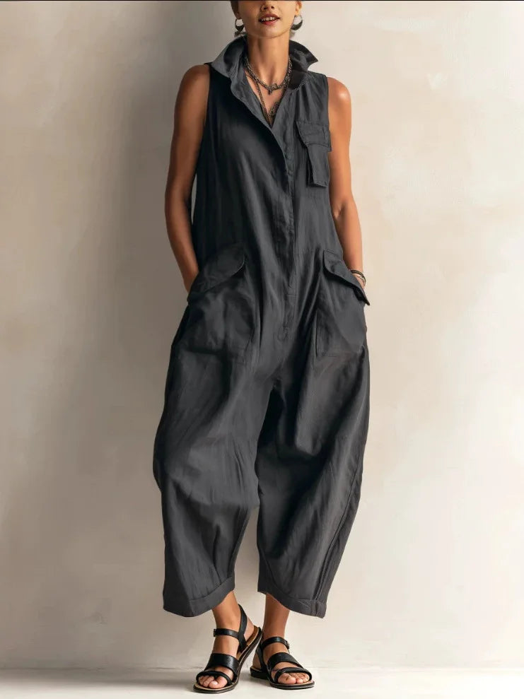 Jumpsuits Women Rompers Summer Fashion Sleeveless Lapel Loose Comfortable Solid Pocket Vacation Casual Jumpsuits Womens Clothing