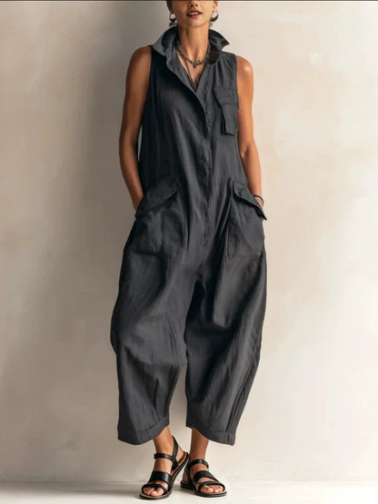 Jumpsuits Women Rompers Summer Fashion Sleeveless Lapel Loose Comfortable Solid Pocket Vacation Casual Jumpsuits Womens Clothing